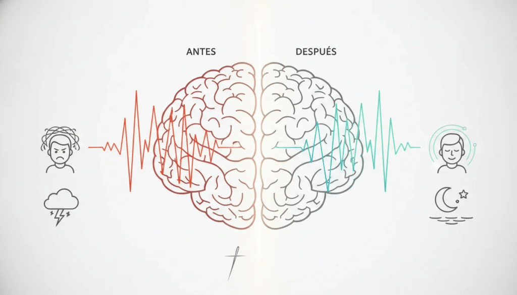 Diagrama simplificado de un cerebro humano con ondas de actividad antes y después de la acupuntura, mostrando una reducción de la actividad en áreas relacionadas con el estrés y un aumento en áreas de relajación. Incluye iconos de sueño y calma.