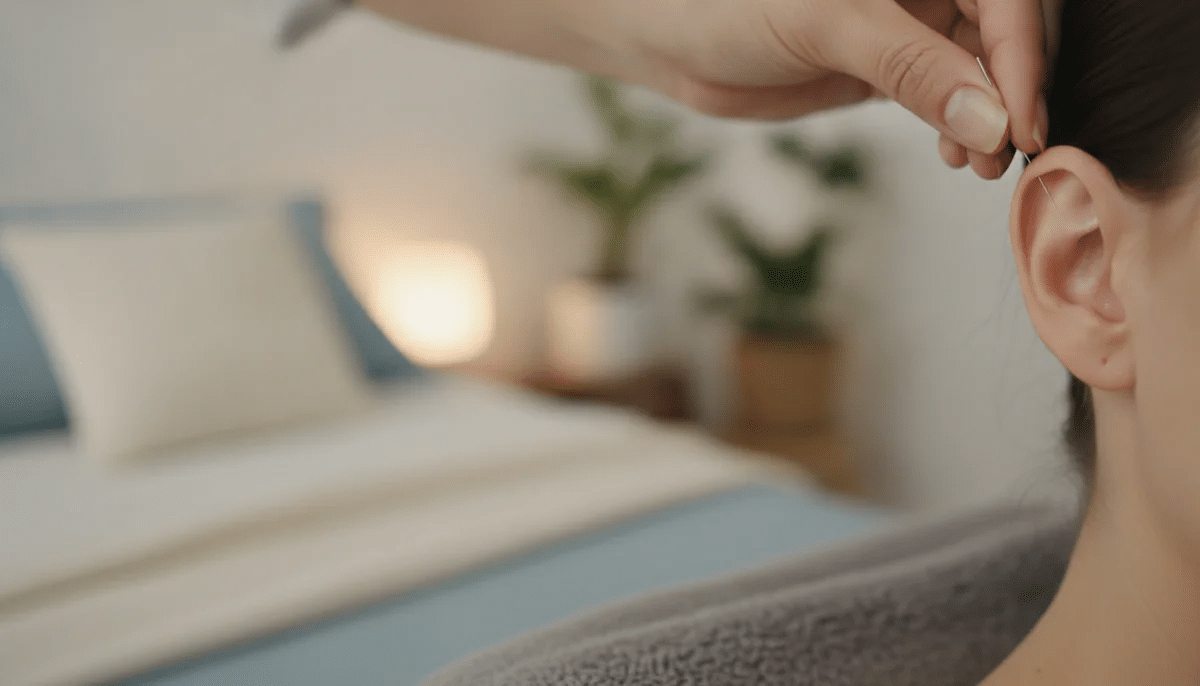 Primer plano de una mano de un profesional colocando una aguja de acupuntura en un punto estratégico de la oreja de un paciente. El ambiente es sereno, con luz tenue y textiles suaves.