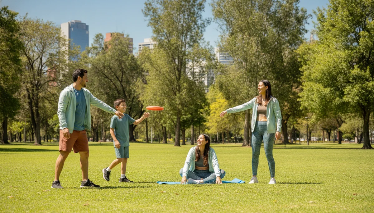 Una familia (padres y dos hijos, de 10 y 14 años) sonriendo y realizando actividades al aire libre en un parque de Bogotá, transmitiendo vitalidad y bienestar. El cielo está despejado y hay árboles de fondo.
