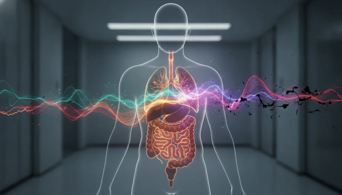 Una representación abstracta de ondas electromagnéticas interactuando con una silueta humana, mostrando diferentes colores que representan frecuencias armoniosas y disonantes alrededor de órganos como el intestino o los pulmones.