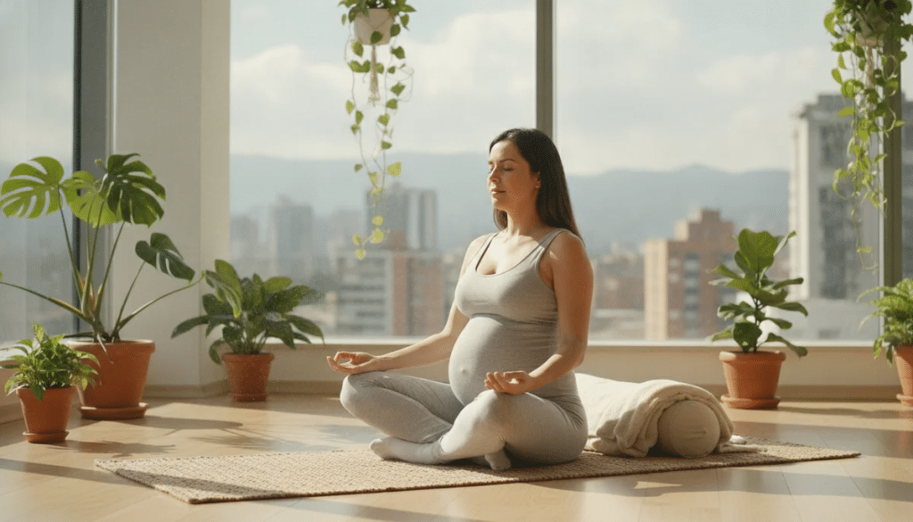 Una futura madre realizando ejercicios suaves de yoga prenatal en un espacio interior, con luz natural y plantas, mostrando tranquilidad y concentración.