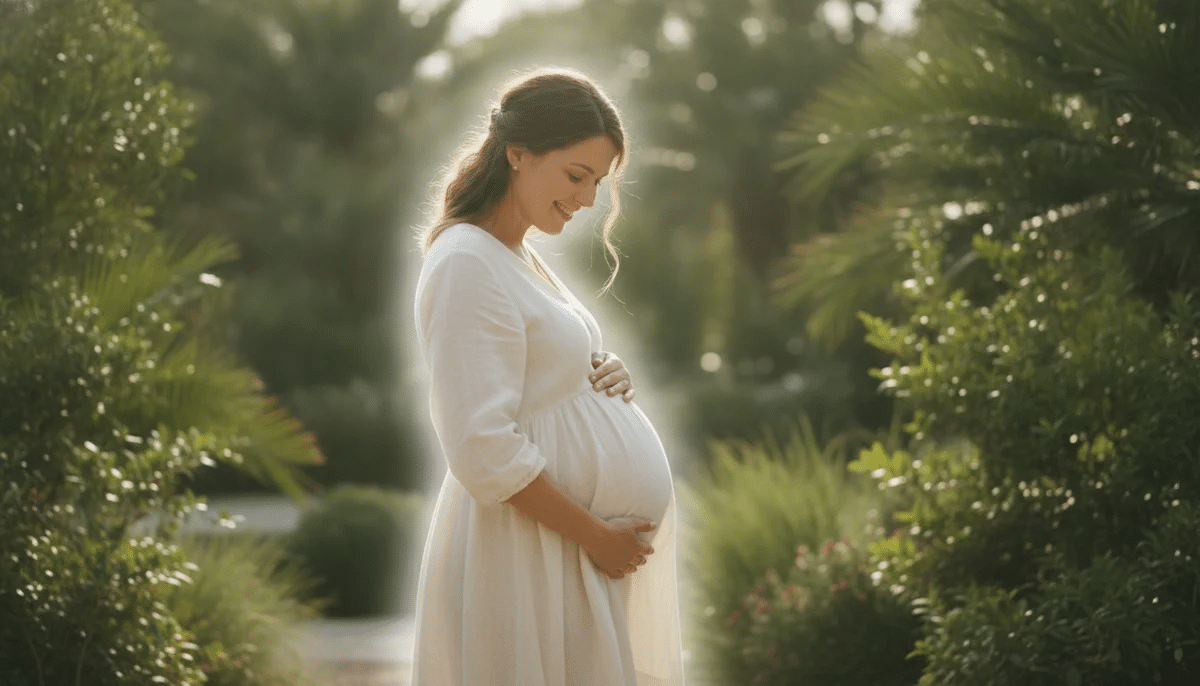 Una mujer embarazada sonriente y radiante, con un ligero resplandor, tocándose el vientre, en un entorno sereno y luminoso que sugiere calma y bienestar, con toques verdes de naturaleza.