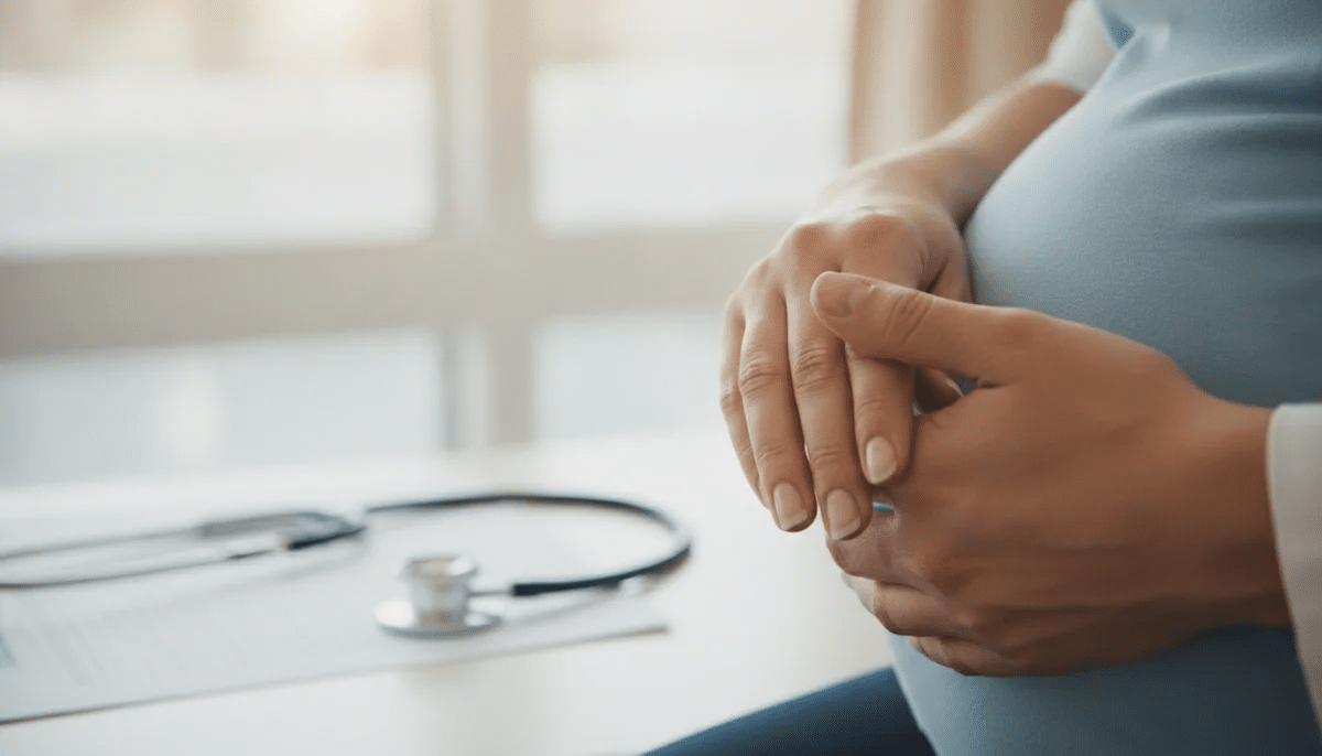 Dos manos, una de una futura mamá y otra de un profesional de la salud de Holomedical Center, con un estetoscopio de fondo, simbolizando confianza y cuidado médico.