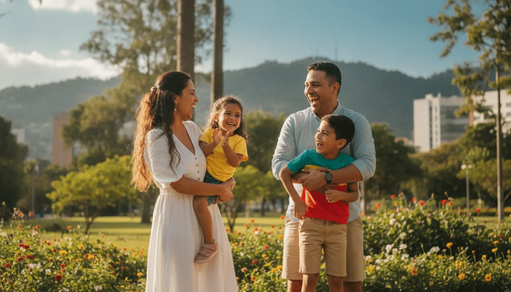 Una familia feliz (madre, padre y dos hijos) riendo juntos en un día soleado en un parque de Bogotá. La madre se ve serena y llena de energía, reflejando el bienestar de un equilibrio hormonal.