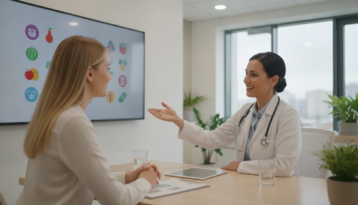Una doctora de Holomedical Center con bata blanca y una sonrisa amable, explicando un plan de tratamiento a una paciente en una oficina moderna y luminosa. Hay gráficos de bienestar y alimentos saludables en un monitor.