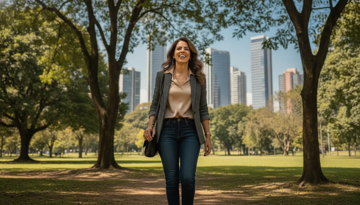 Una mujer de unos 40 años, sonriente y enérgica, vestida con ropa casual elegante, caminando por un parque arbolado de Bogotá con edificios modernos al fondo. Se le ve vital y radiante.