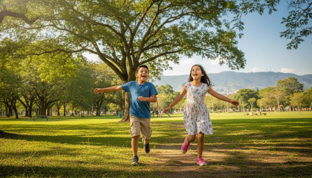 Dos niños, un niño y una niña de unos 8 y 10 años, corren y ríen en un parque soleado de Bogotá, con árboles y césped verde de fondo, simbolizando libertad y salud.