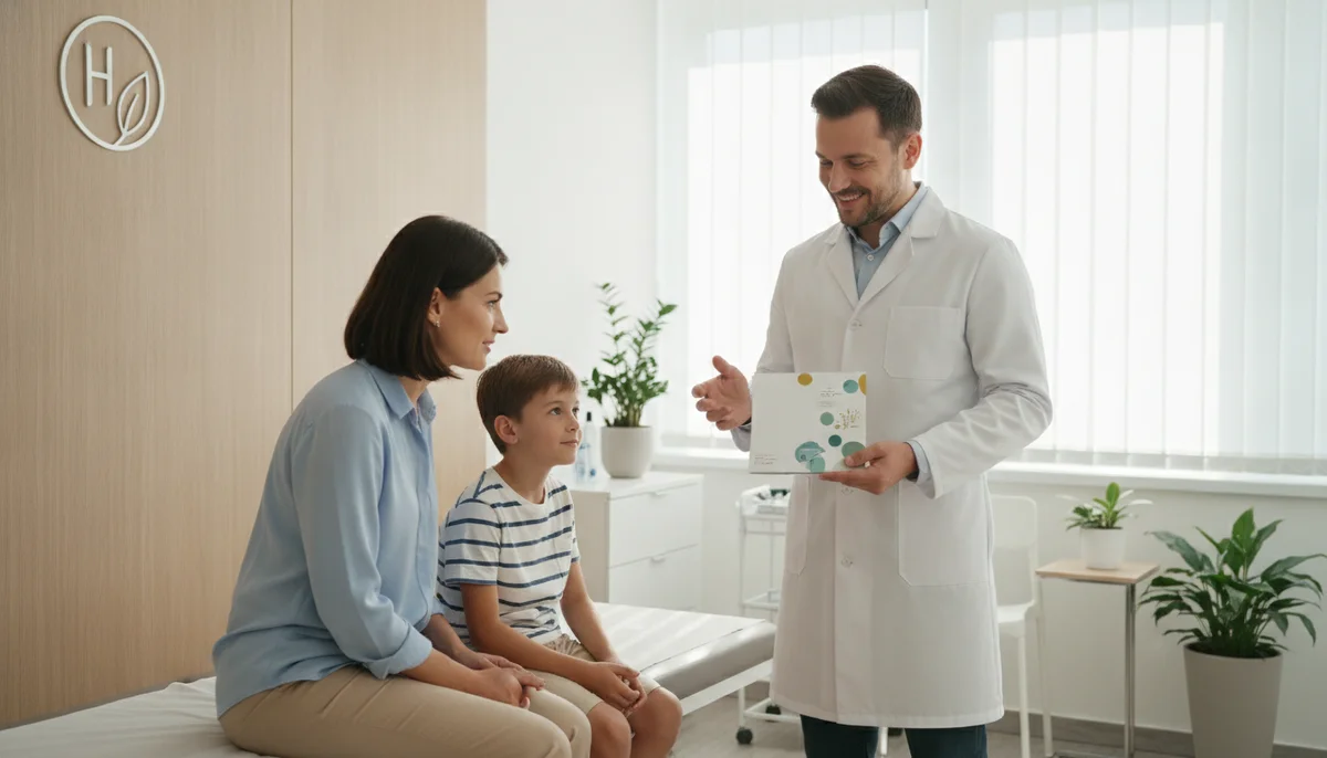 Un médico de Holomedical Center, con bata blanca, sonríe mientras explica algo a una madre atenta y su hijo, de unos 8 años, en un consultorio moderno y luminoso, mostrando un folleto explicativo sobre medicina homeopática.