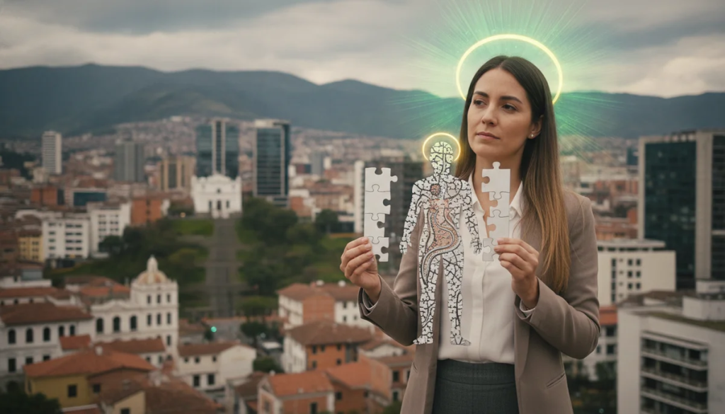 Ilustración de una persona en Bogotá sosteniendo un rompecabezas incompleto que simboliza la complejidad de las enfermedades autoinmunes, con elementos de la ciudad de fondo y un halo de bienestar emergiendo.
