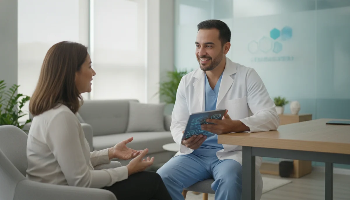 Fotografía de un médico sonriente de Holomedical Center interactuando empáticamente con un paciente en un entorno clínico moderno y acogedor.