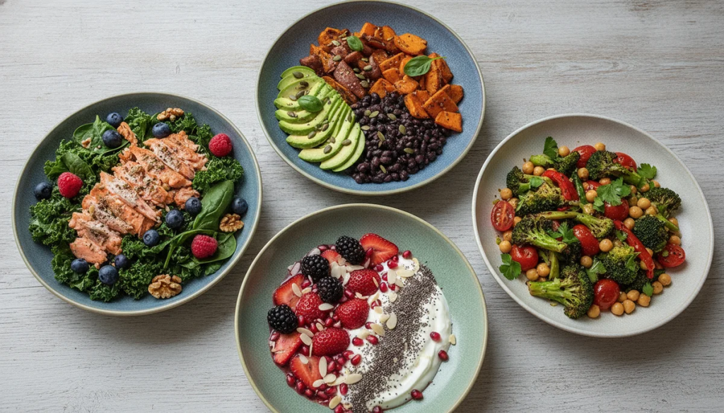 Platos coloridos con frutas frescas como bayas, verduras de hoja verde oscuro, aguacate, salmón y nueces, representando una dieta antiinflamatoria variada y apetitosa.