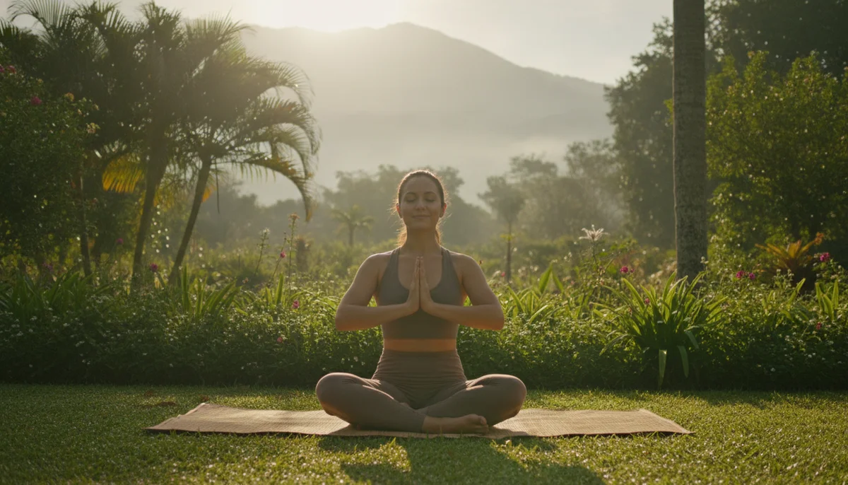 Una persona en una postura de yoga suave, con las manos juntas, al amanecer en un parque, simbolizando la conexión con la naturaleza, la tranquilidad y el manejo consciente del estrés.