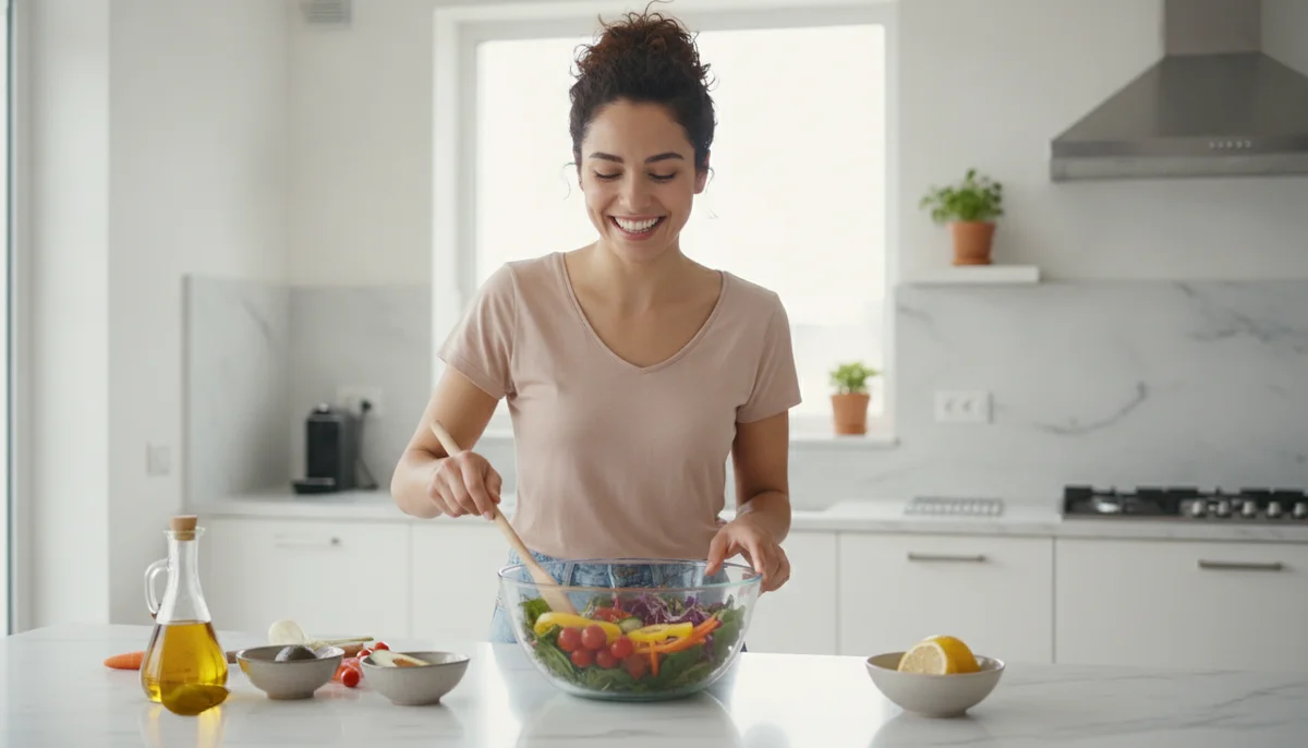 Una mujer joven sonriendo mientras prepara una ensalada fresca con una variedad de vegetales coloridos en una cocina moderna y bien iluminada, demostrando la alegría de cocinar saludablemente.