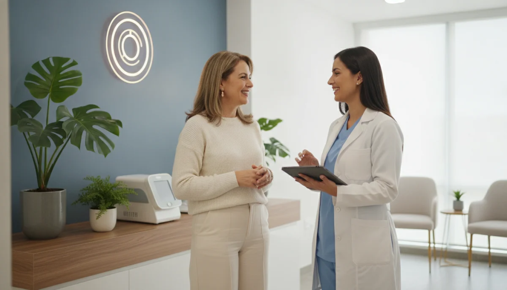 Una mujer de mediana edad, vestida de forma elegante pero cómoda, hablando y sonriendo con una doctora en una consulta médica moderna y acogedora de Holomedical Center, con equipos médicos sutiles y plantas de fondo.