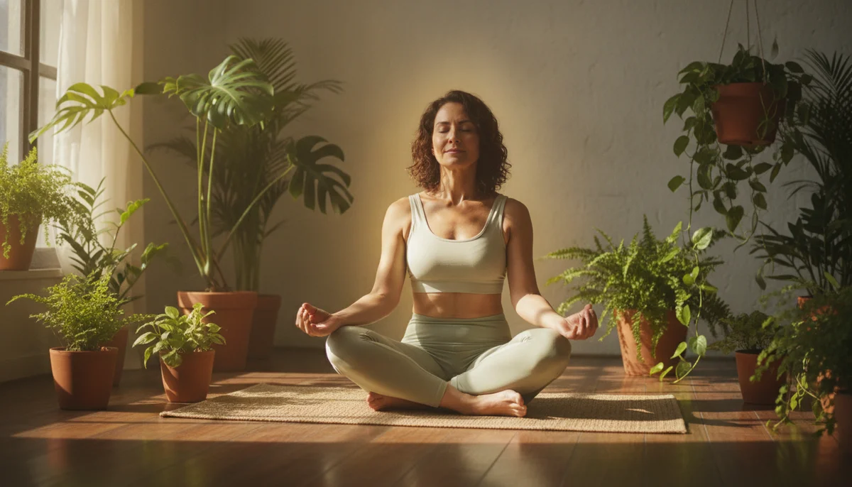 Una mujer de unos 45-50 años, serena y sonriente, meditando o realizando yoga en un ambiente tranquilo, rodeada de plantas y luz natural, simbolizando el equilibrio y la salud natural durante la perimenopausia.