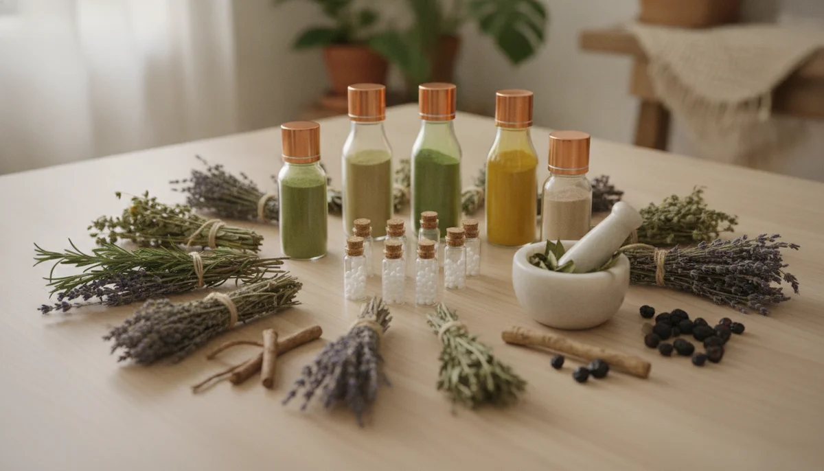 Un collage de diferentes elementos naturales como hierbas medicinales, suplementos en frascos elegantes, y pequeños viales homeopáticos, dispuestos sobre una mesa de madera clara, sugiriendo un gabinete de opciones de tratamiento natural.