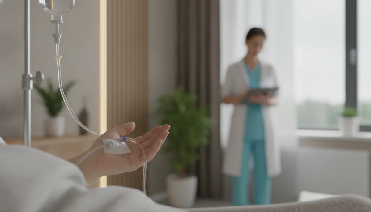 Primer plano de una mano recibiendo sueroterapia intravenosa en un ambiente clínico moderno y relajante de Holomedical Center, con un profesional de la salud supervisando discretamente.