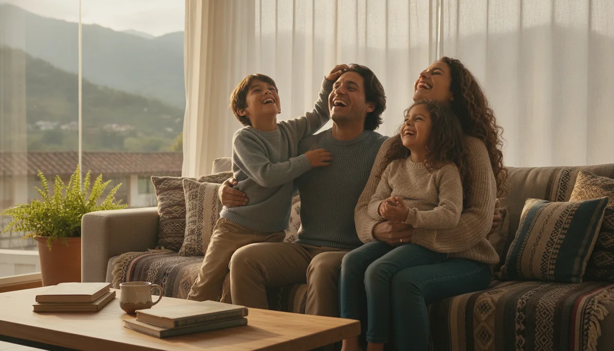 Una familia (padres y dos hijos) riendo y compartiendo un momento de calidad en un ambiente hogareño y acogedor, con una sensación general de bienestar y tranquilidad.