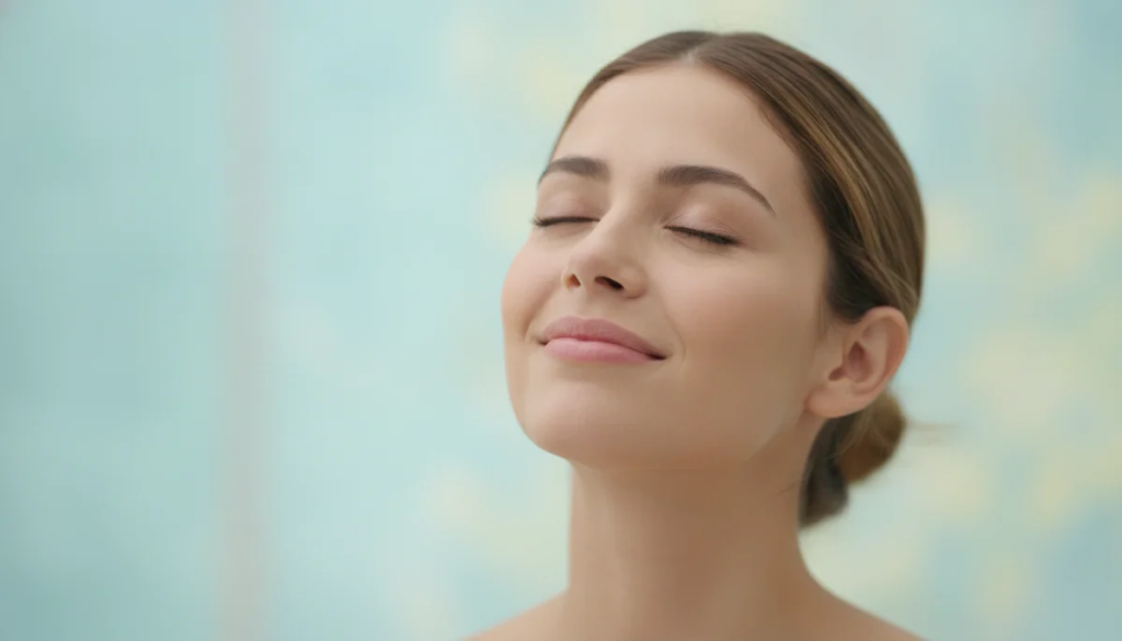 Rostro de una mujer sonriendo y relajada, con un fondo suave y enfocado que sugiere bienestar y tranquilidad, reflejando el alivio de las migrañas.