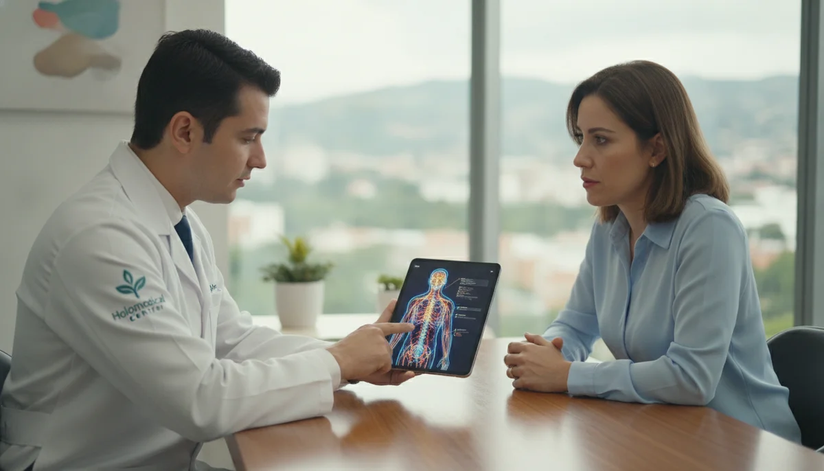 Un médico de Holomedical Center realizando una consulta empática con un paciente, señalando un diagrama del sistema nervioso humano en una tableta, mientras el paciente escucha atentamente.