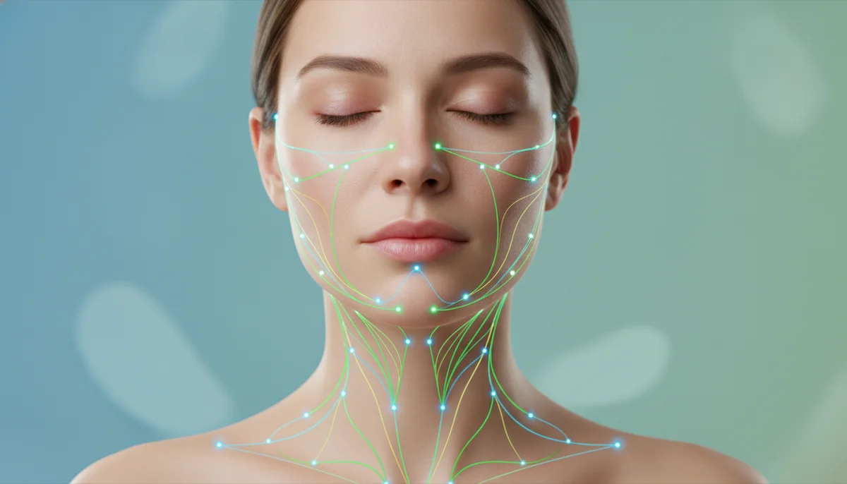 Ilustración de puntos de aplicación de Terapia Neural en el rostro y cuello de una persona, con líneas de energía sutiles indicando el flujo de información nerviosa que se busca restablecer.